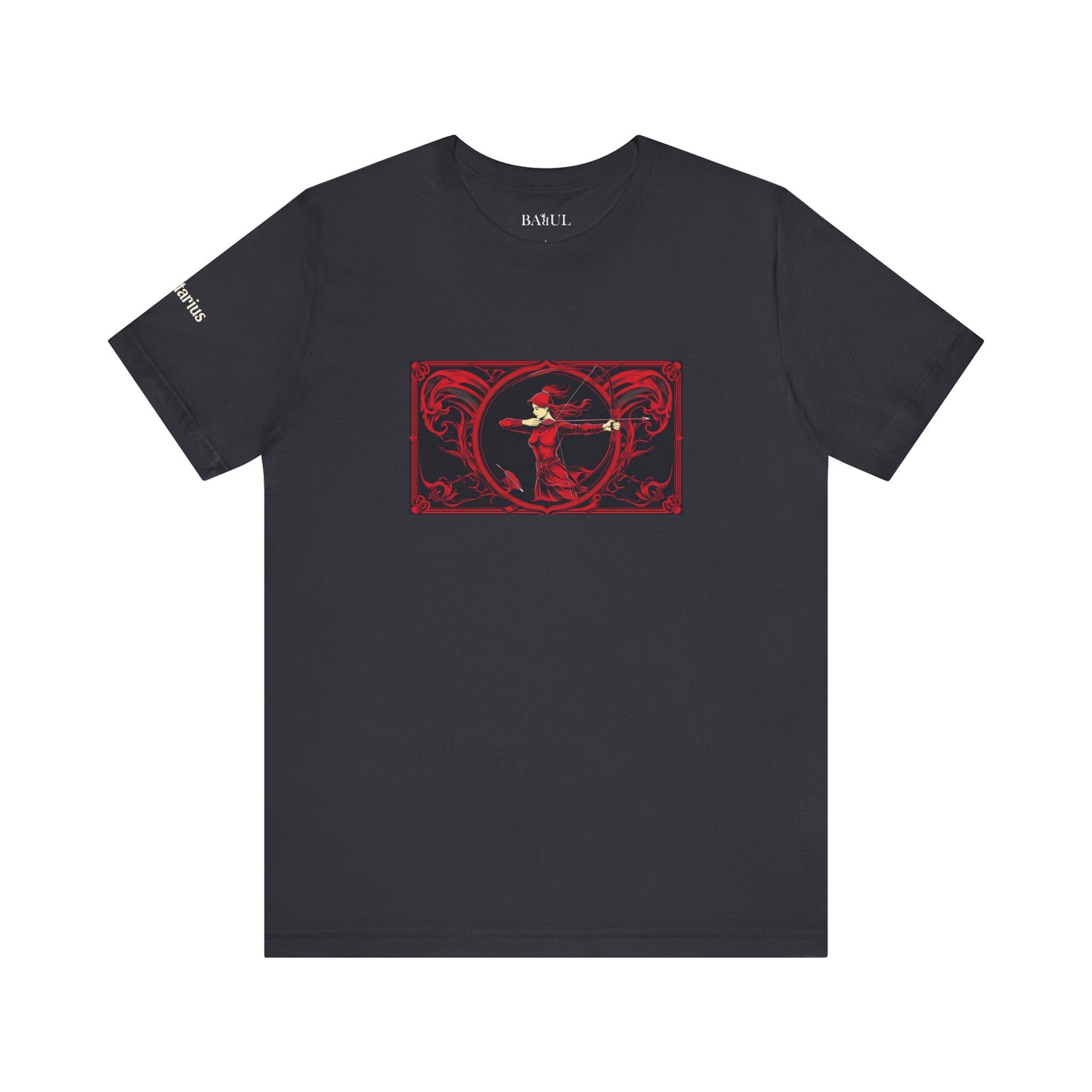 Sagittarius - Gothic Zodiac T-Shirt. Red graphic in front.  Zodiac in the Shadows