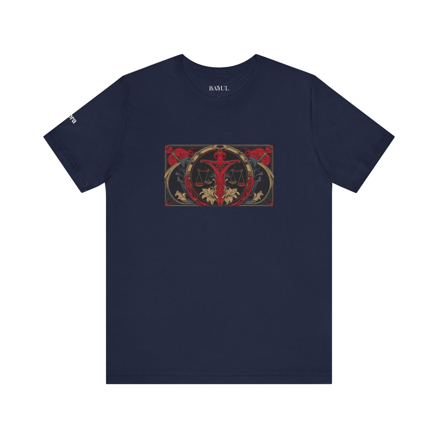 Libra - Gothic Zodiac T-Shirt. Red graphic in front.  Zodiac in the Shadows