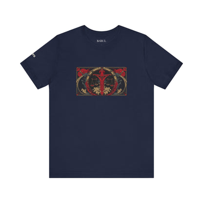 Libra - Gothic Zodiac T-Shirt. Red graphic in front.  Zodiac in the Shadows