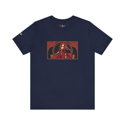 Virgo - Gothic Zodiac T-Shirt. Red graphic in front.  Zodiac in the Shadows