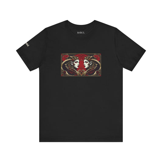 Gemini - Gothic Zodiac T-Shirt. Red graphic in front.  Zodiac in the Shadows