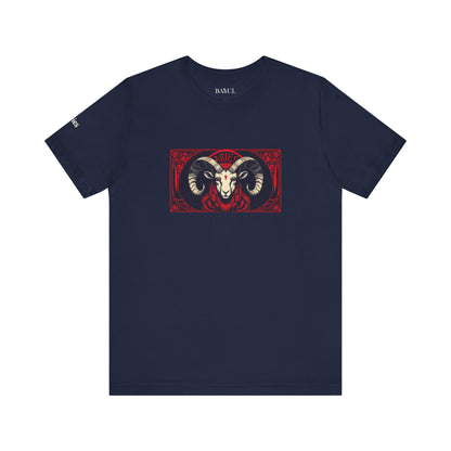 Aries - Gothic Zodiac T-Shirt. Red graphic in front.  Zodiac in the Shadows