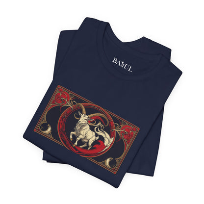 Capricorn - Gothic Zodiac T-Shirt. Red graphic in front. Zodiac in the Shadows