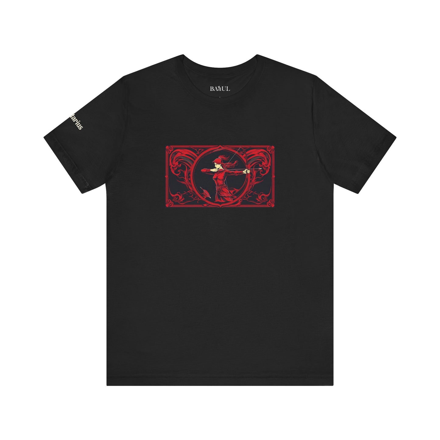 Sagittarius - Gothic Zodiac T-Shirt. Red graphic in front.  Zodiac in the Shadows