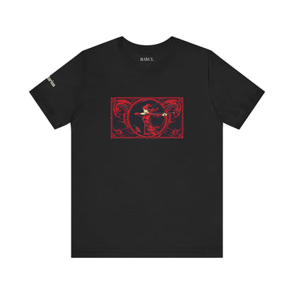 Sagittarius - Gothic Zodiac T-Shirt. Red graphic in front.  Zodiac in the Shadows