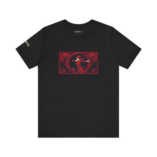 Sagittarius - Gothic Zodiac T-Shirt. Red graphic in front.  Zodiac in the Shadows
