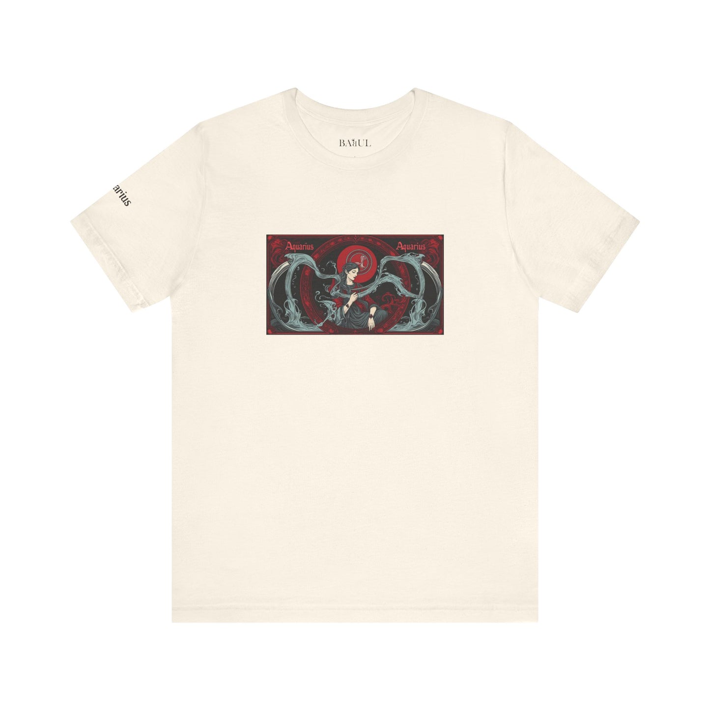 Aquarius - Gothic Zodiac T-Shirt. Red graphic in front.  Zodiac in the Shadows
