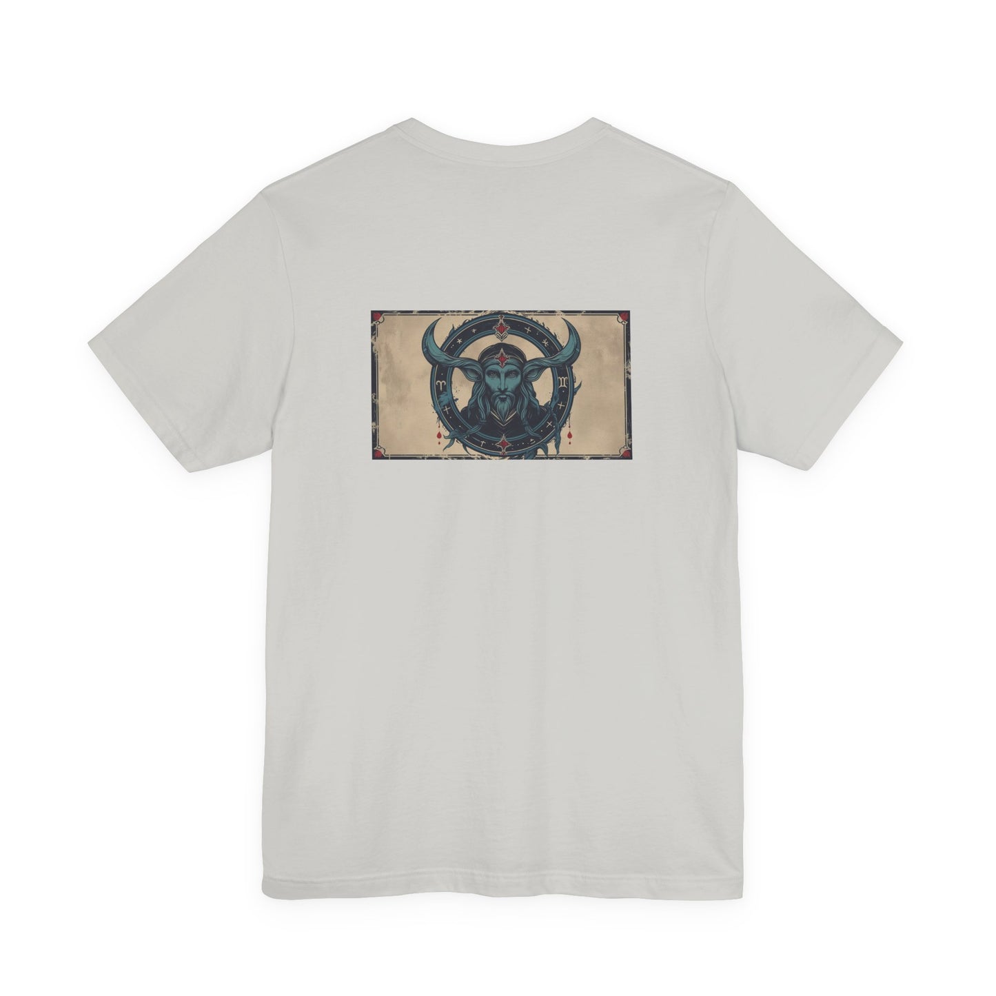 Capricorno - T-shirt con segno zodiacale gotico. Grafica blu sul retro. Segno zodiacale nell'ombra.