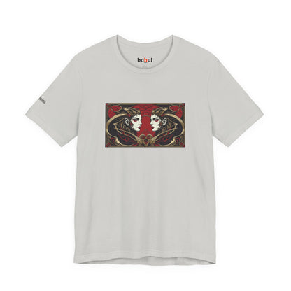 Gemini - Gothic Zodiac T-Shirt. Red graphic in front.  Zodiac in the Shadows