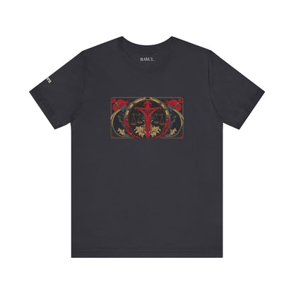 Libra - Gothic Zodiac T-Shirt. Red graphic in front.  Zodiac in the Shadows