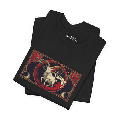 Capricorn - Gothic Zodiac T-Shirt. Red graphic in front. Zodiac in the Shadows