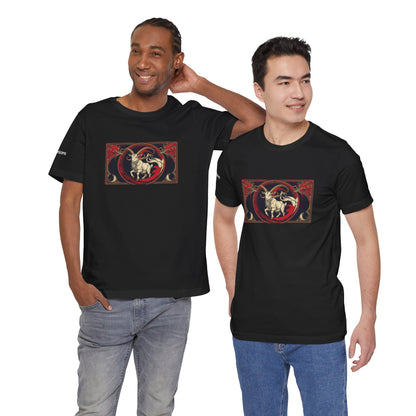 Capricorn - Gothic Zodiac T-Shirt. Red graphic in front. Zodiac in the Shadows