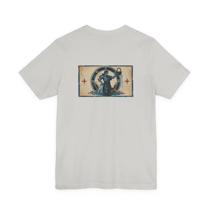 Acquario - T-shirt con segno zodiacale gotico. Grafica blu sul retro. Segno zodiacale nell'ombra.