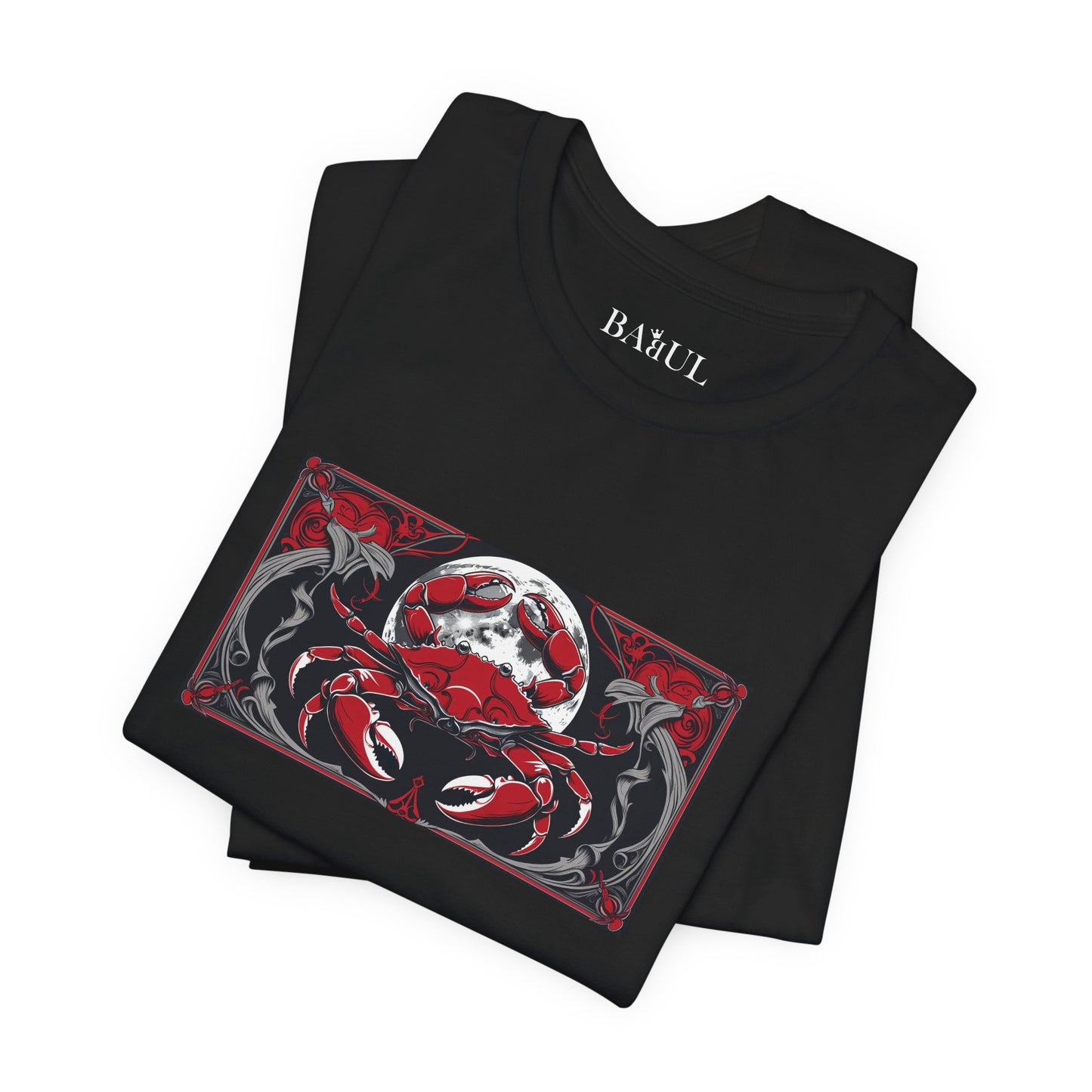 Cancer - Gothic Zodiac T-Shirt. Red graphic in front.  Zodiac in the Shadows