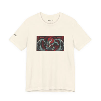 Aquarius - Gothic Zodiac T-Shirt. Red graphic in front.  Zodiac in the Shadows