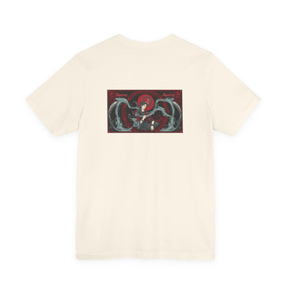 Aquarius - Gothic Zodiac, Red Graphic on the back T-Shirt. Zodiac in the Shadows