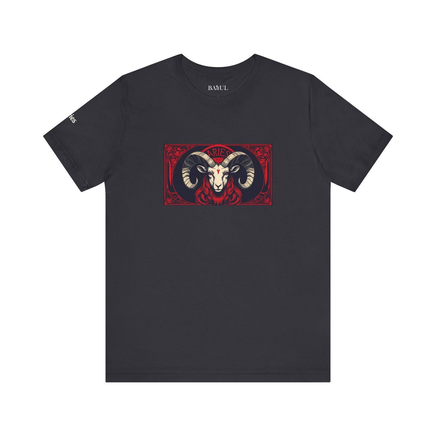 Aries - Gothic Zodiac T-Shirt. Red graphic in front.  Zodiac in the Shadows