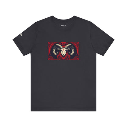 Aries - Gothic Zodiac T-Shirt. Red graphic in front.  Zodiac in the Shadows