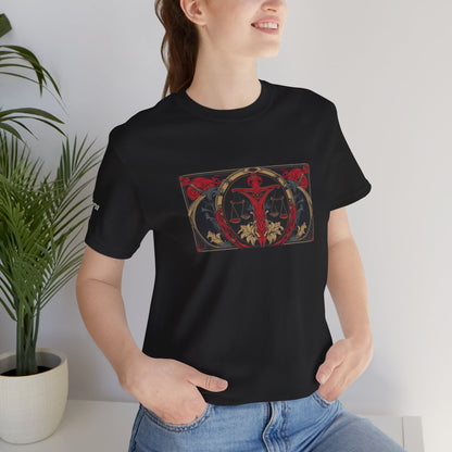 Libra - Gothic Zodiac T-Shirt. Red graphic in front.  Zodiac in the Shadows