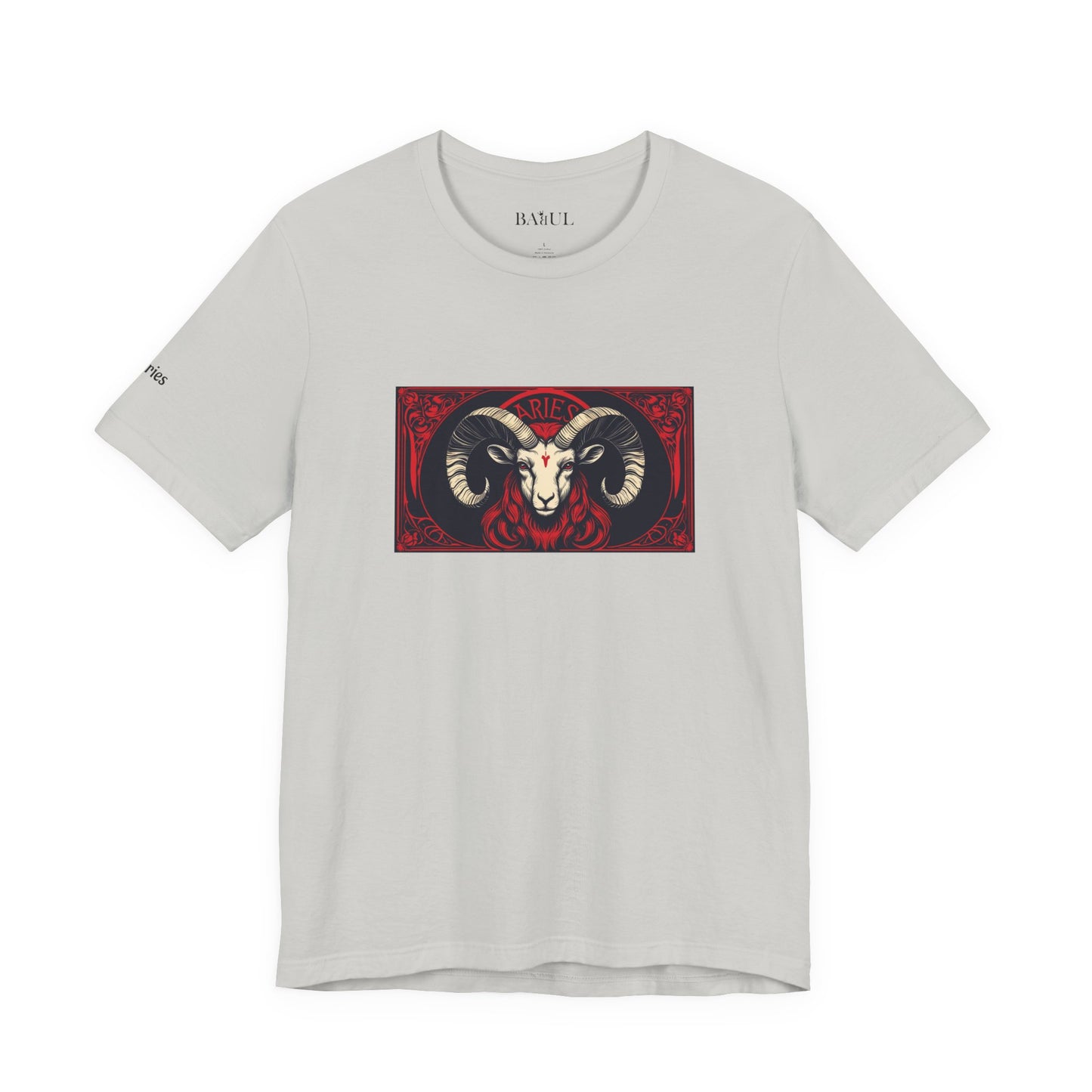 Aries - Gothic Zodiac T-Shirt. Red graphic in front.  Zodiac in the Shadows