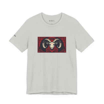 Aries - Gothic Zodiac T-Shirt. Red graphic in front.  Zodiac in the Shadows