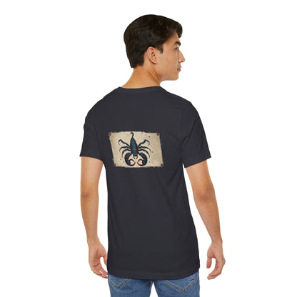 Scorpione - T-shirt con segno zodiacale gotico. Grafica blu sul retro. Segno zodiacale nell'ombra.