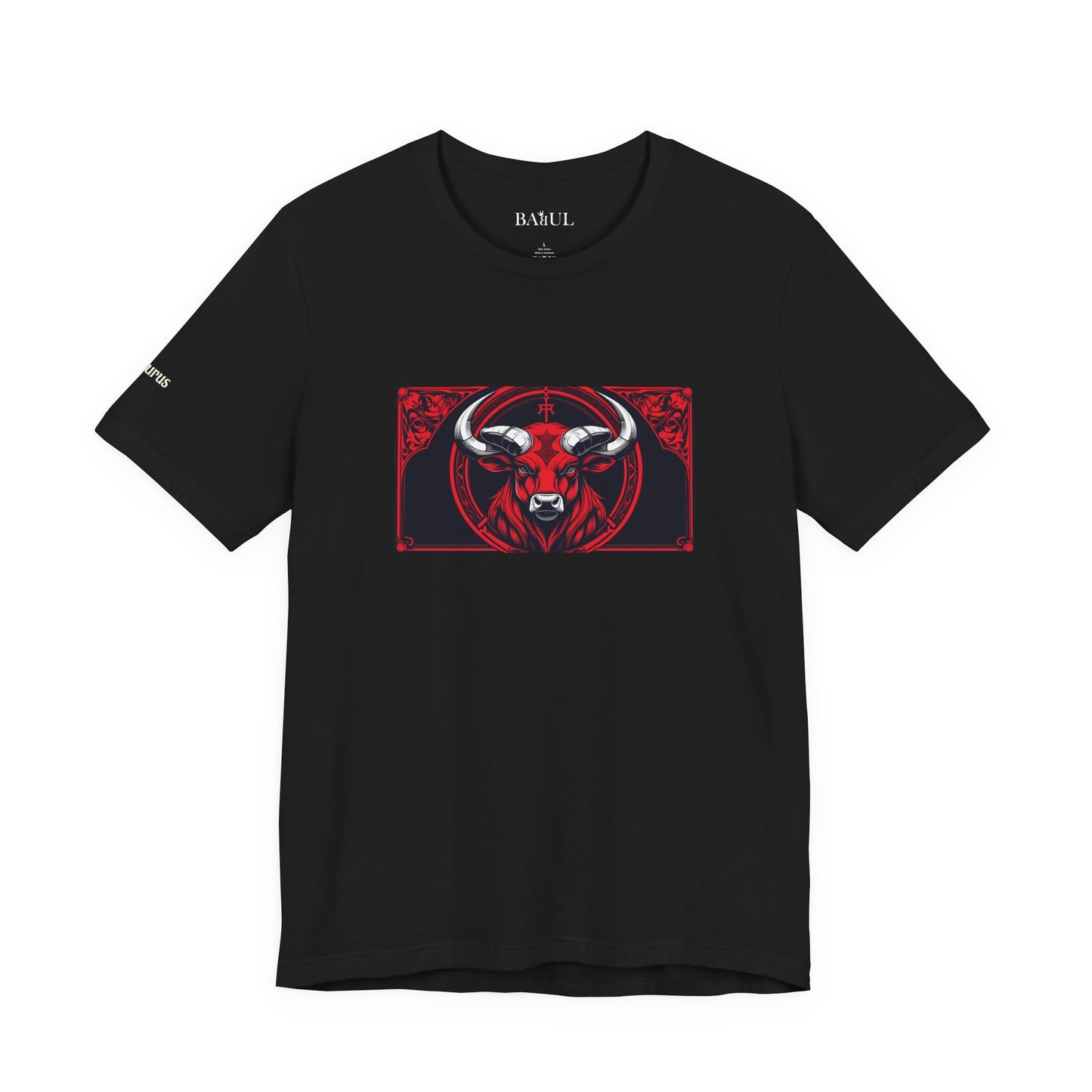 Taurus - Gothic Zodiac T-Shirt. Red graphic in front.  Zodiac in the Shadows