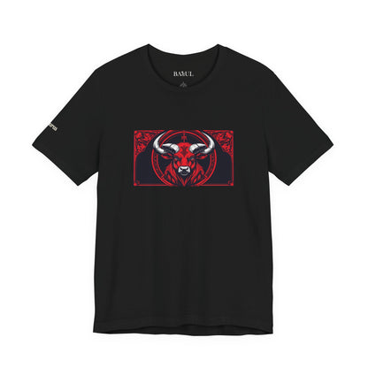 Taurus - Gothic Zodiac T-Shirt. Red graphic in front.  Zodiac in the Shadows