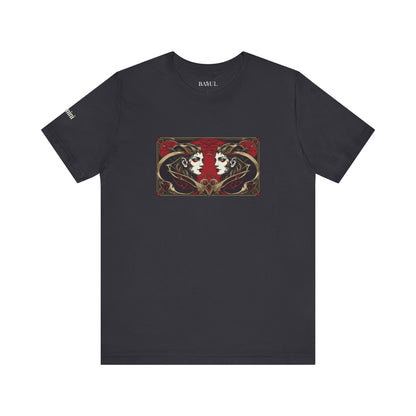 Gemini - Gothic Zodiac T-Shirt. Red graphic in front.  Zodiac in the Shadows