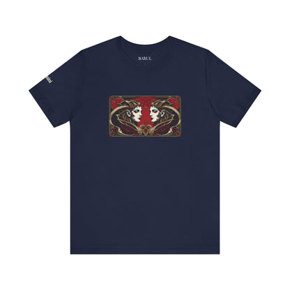 Gemini - Gothic Zodiac T-Shirt. Red graphic in front.  Zodiac in the Shadows