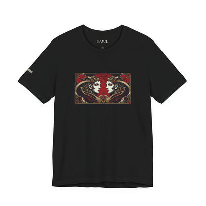 Gemini - Gothic Zodiac T-Shirt. Red graphic in front.  Zodiac in the Shadows