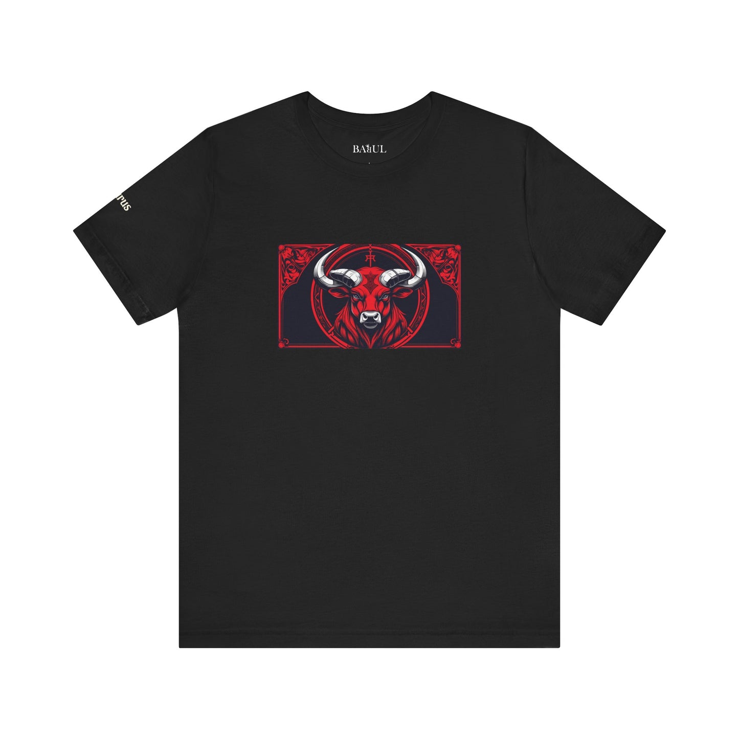 Taurus - Gothic Zodiac T-Shirt. Red graphic in front.  Zodiac in the Shadows
