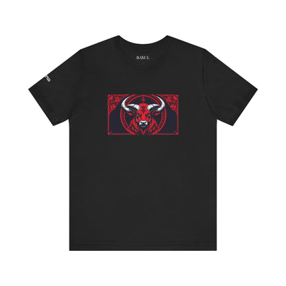 Taurus - Gothic Zodiac T-Shirt. Red graphic in front.  Zodiac in the Shadows