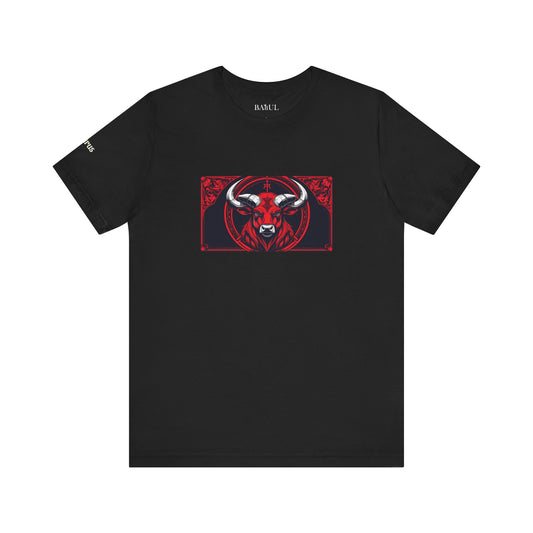 Taurus - Gothic Zodiac T-Shirt. Red graphic in front.  Zodiac in the Shadows