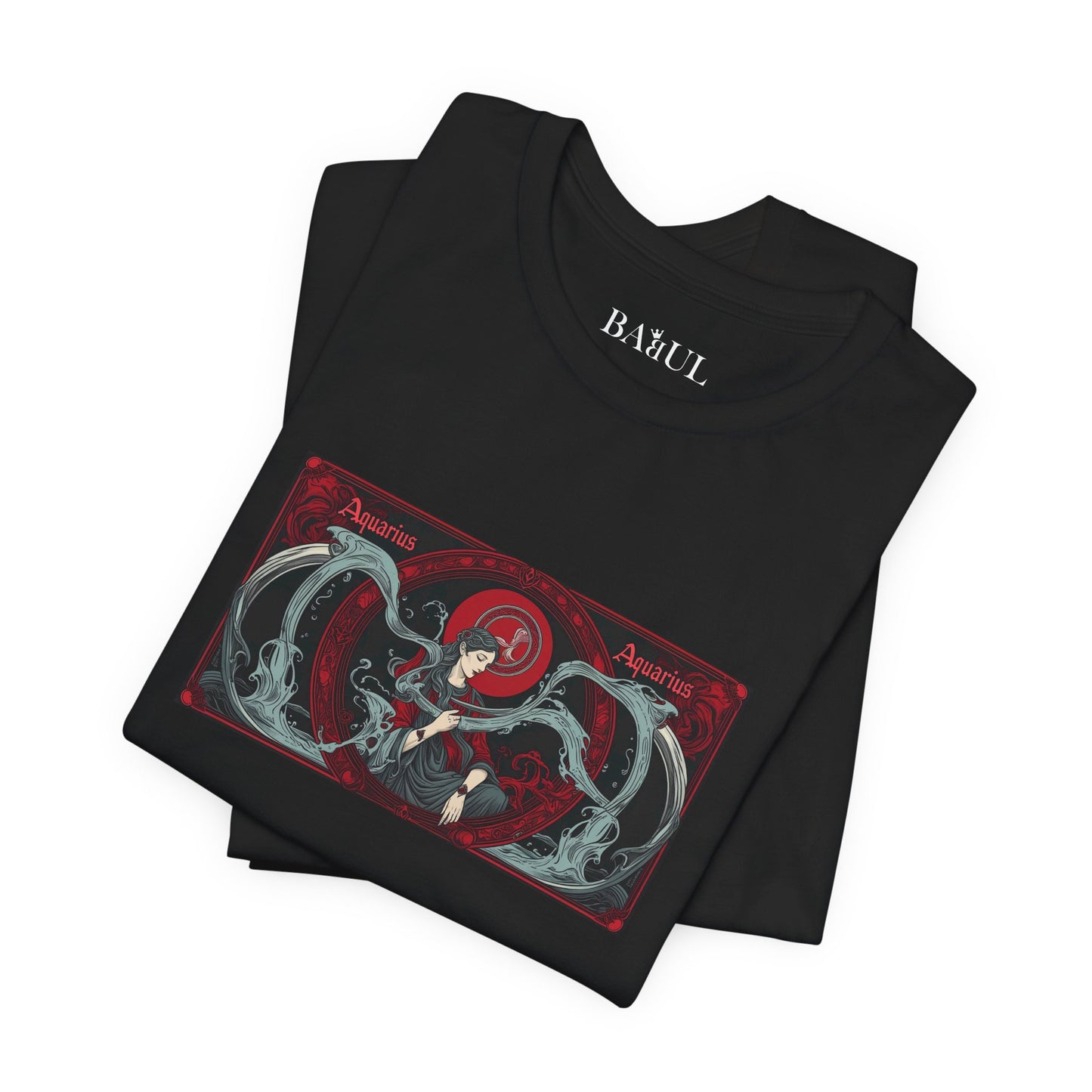 Aquarius - Gothic Zodiac T-Shirt. Red graphic in front.  Zodiac in the Shadows
