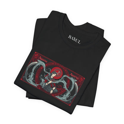 Aquarius - Gothic Zodiac T-Shirt. Red graphic in front.  Zodiac in the Shadows