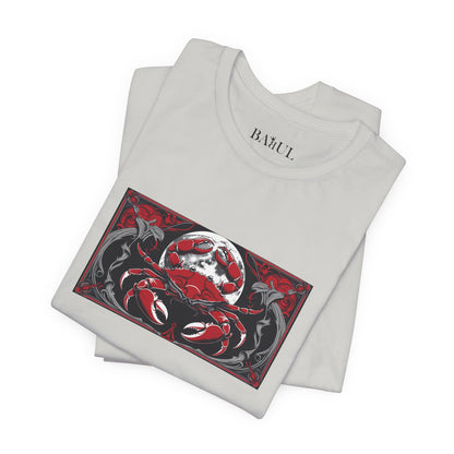 Cancer - Gothic Zodiac T-Shirt. Red graphic in front.  Zodiac in the Shadows