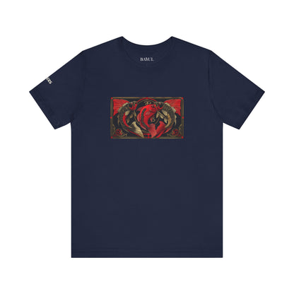 Pisces - Gothic Zodiac T-Shirt. Red graphic in front.  Zodiac in the Shadows