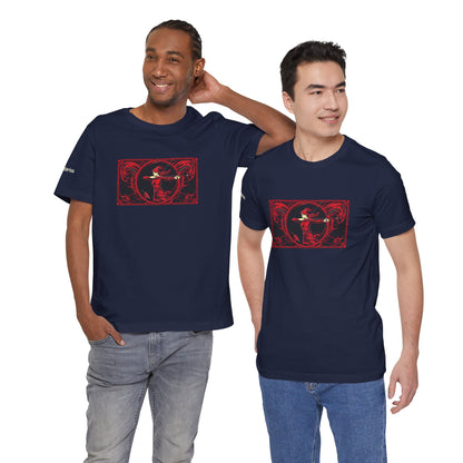 Sagittarius - Gothic Zodiac T-Shirt. Red graphic in front.  Zodiac in the Shadows