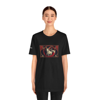 Capricorn - Gothic Zodiac T-Shirt. Red graphic in front. Zodiac in the Shadows