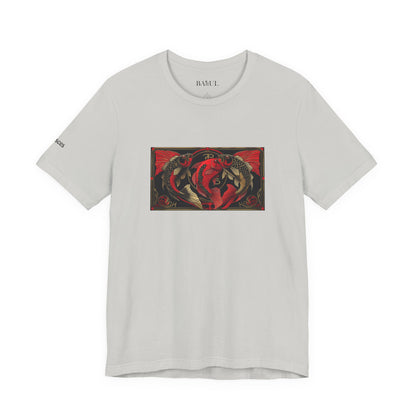 Pisces - Gothic Zodiac T-Shirt. Red graphic in front.  Zodiac in the Shadows
