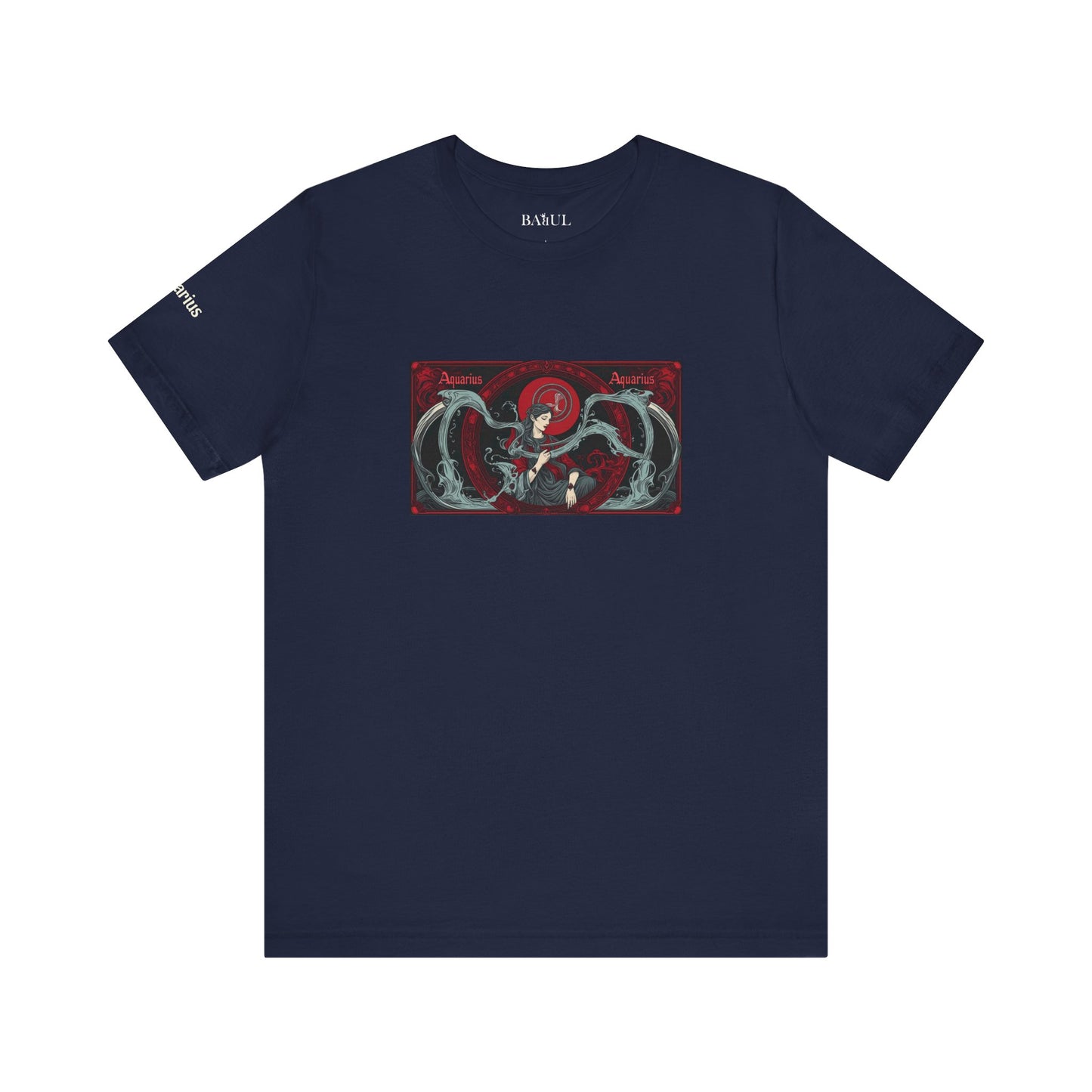 Aquarius - Gothic Zodiac T-Shirt. Red graphic in front.  Zodiac in the Shadows