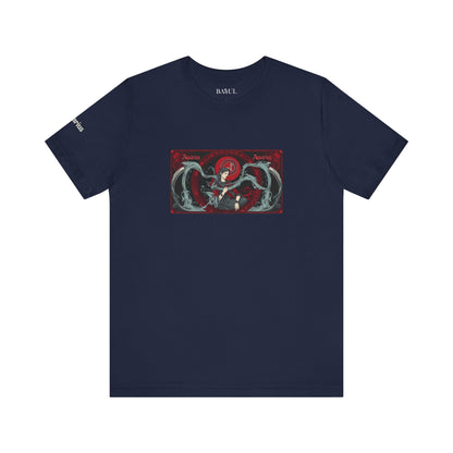 Aquarius - Gothic Zodiac T-Shirt. Red graphic in front.  Zodiac in the Shadows