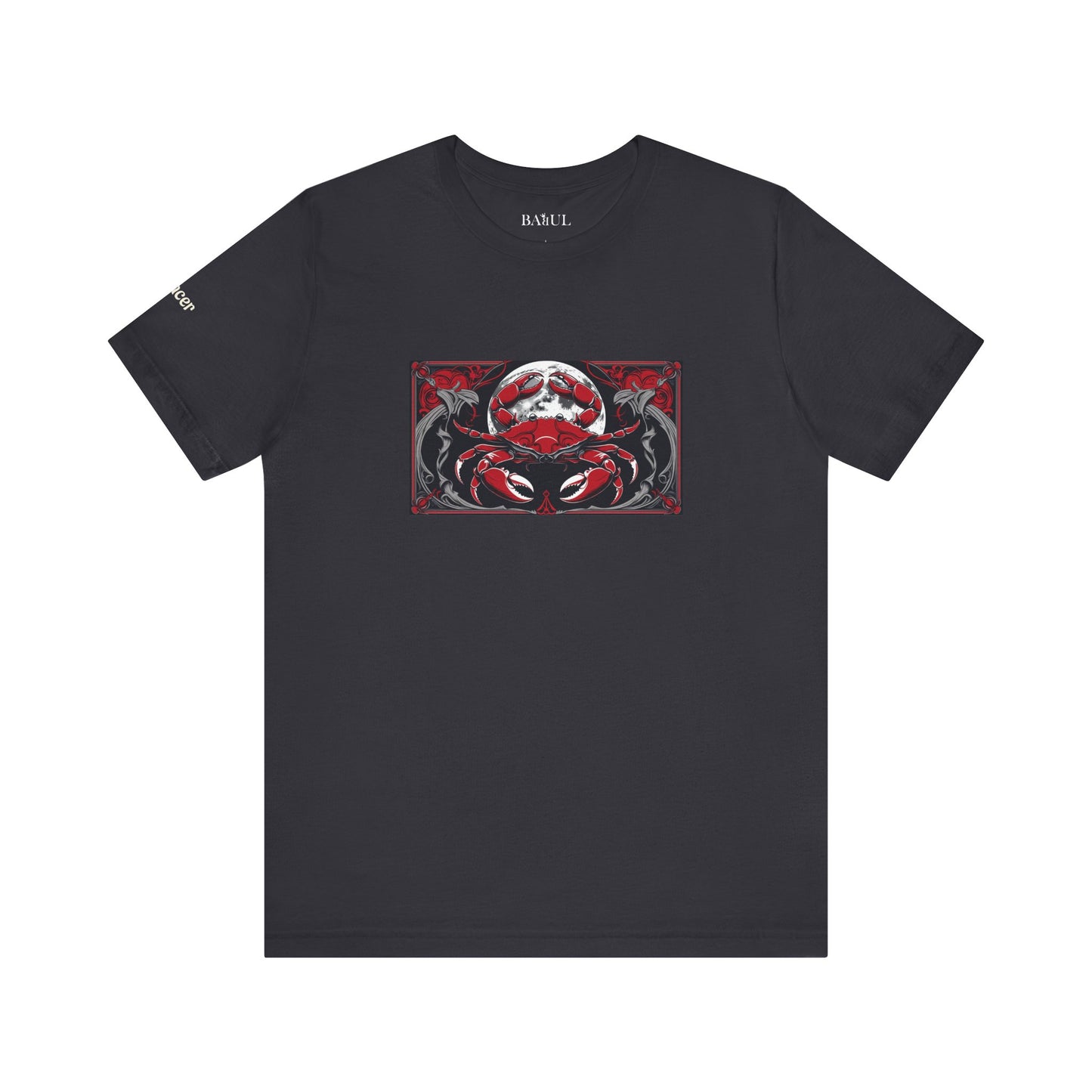 Cancer - Gothic Zodiac T-Shirt. Red graphic in front.  Zodiac in the Shadows