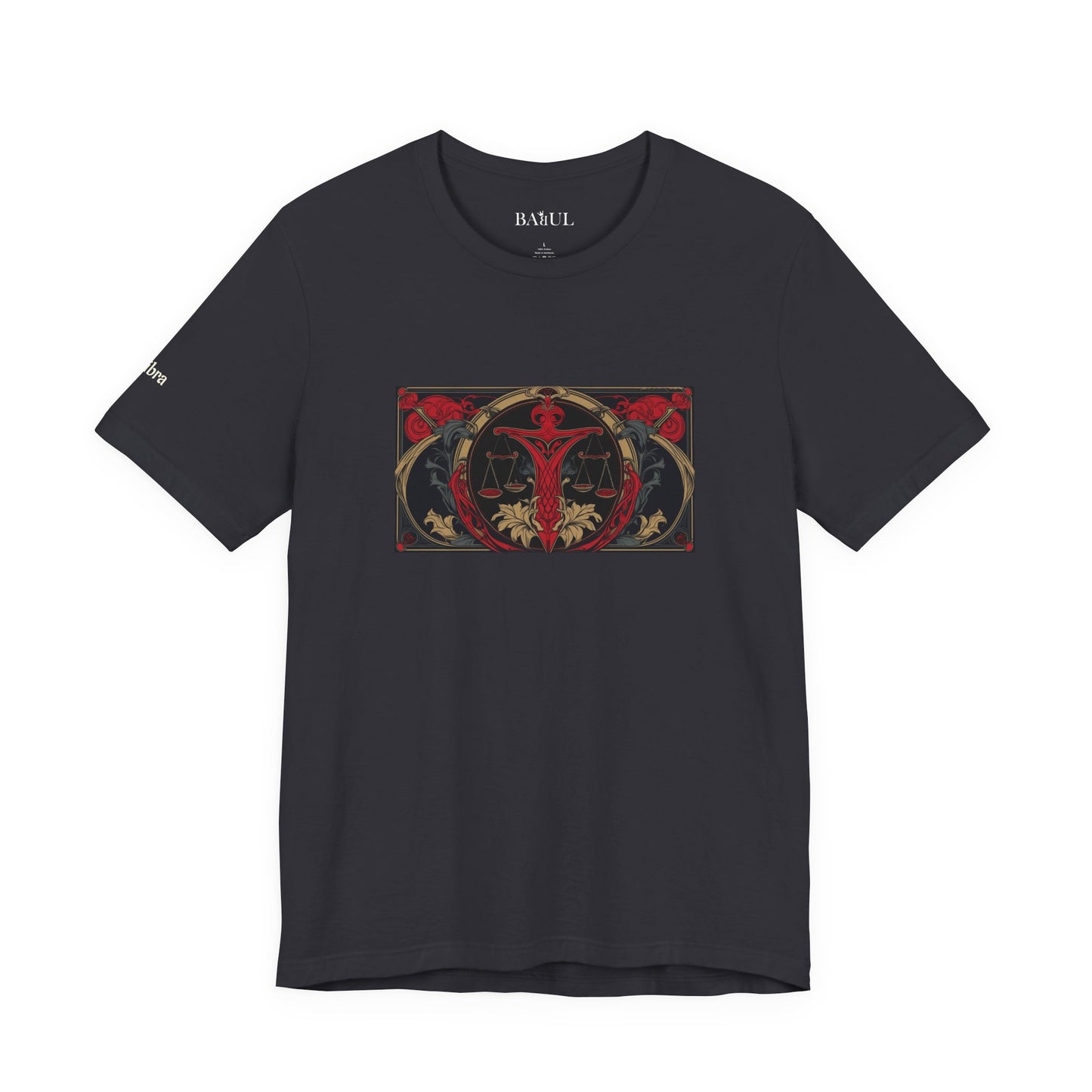 Libra - Gothic Zodiac T-Shirt. Red graphic in front.  Zodiac in the Shadows