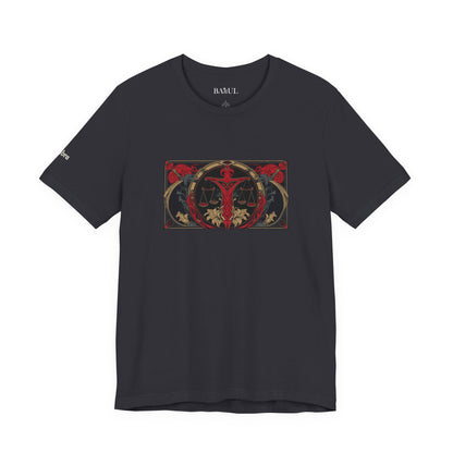 Libra - Gothic Zodiac T-Shirt. Red graphic in front.  Zodiac in the Shadows
