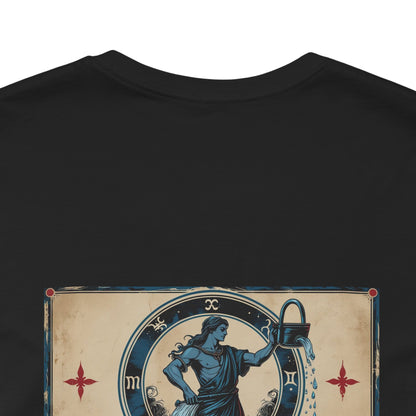 Acquario - T-shirt con segno zodiacale gotico. Grafica blu sul retro. Segno zodiacale nell'ombra.