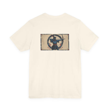 Sagittario - T-shirt con segno zodiacale gotico. Grafica blu sul retro. Zodiaco nell'ombra.