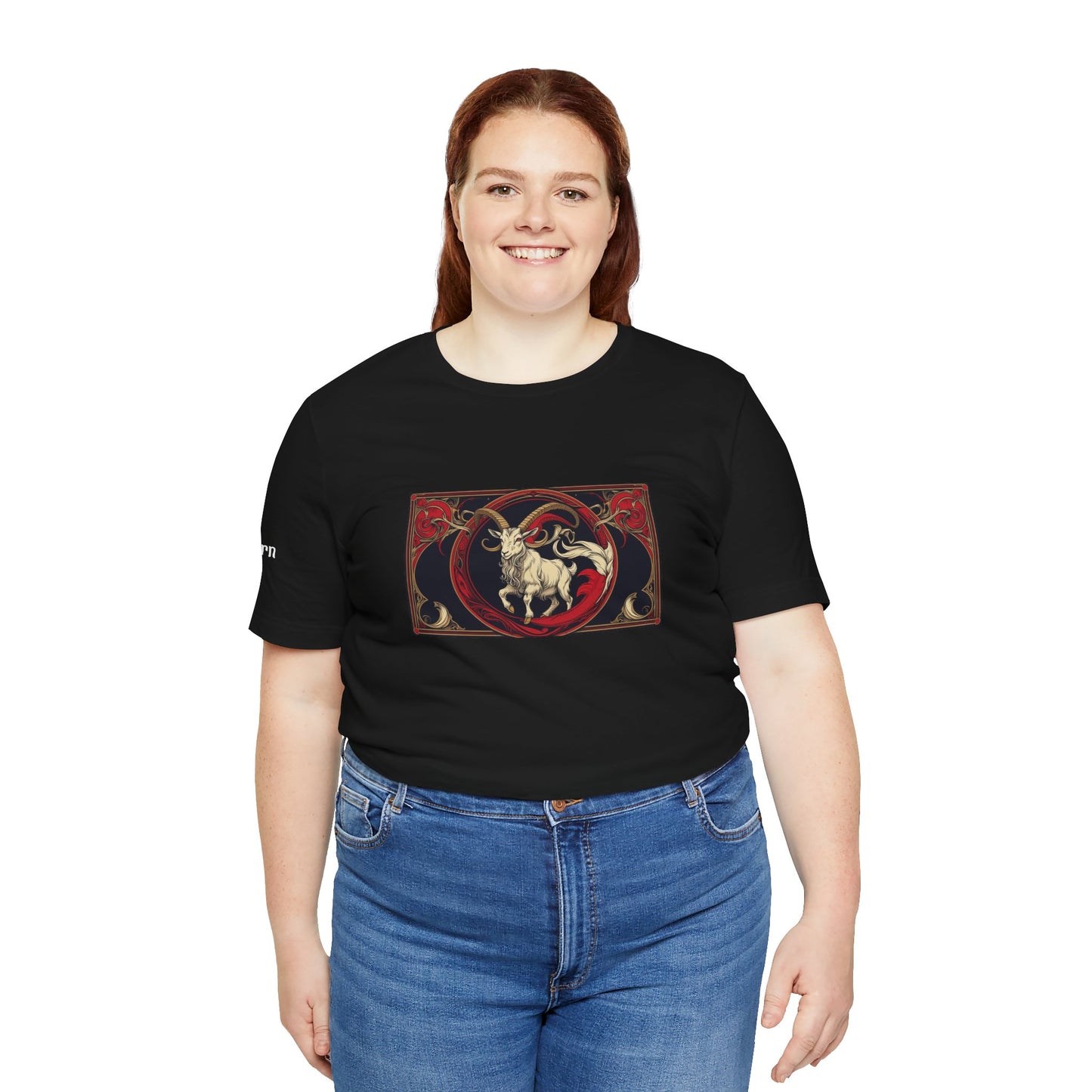 Capricorn - Gothic Zodiac T-Shirt. Red graphic in front. Zodiac in the Shadows