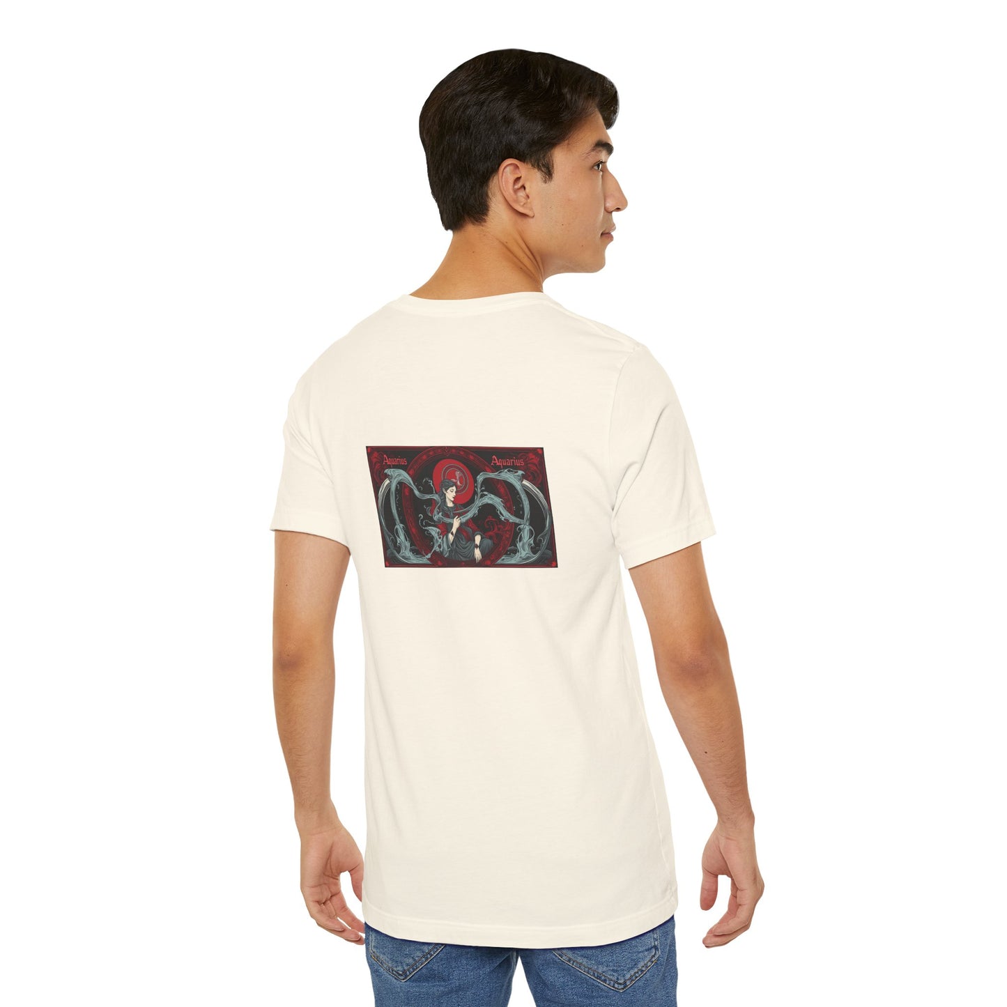 Aquarius - Gothic Zodiac, Red Graphic on the back T-Shirt. Zodiac in the Shadows